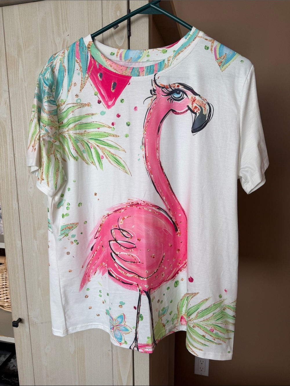 Women’s White T-Shirt with Pink Flamingo Graphic